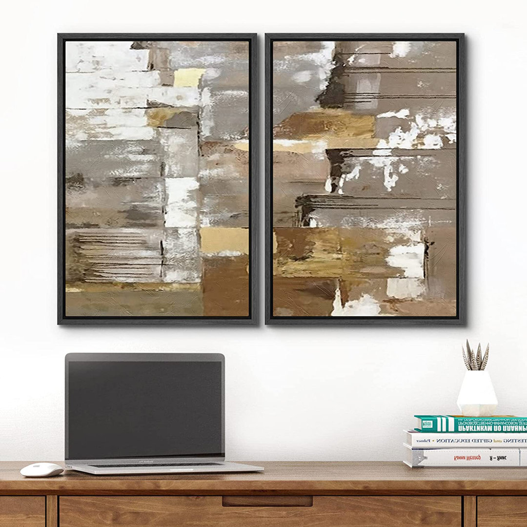 Grunge Abstract Paint Stroke Effect " Mid-Century Brown Pastel Color Blocks " 2 - Pieces IDEA4WALL 