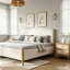 Lit capitonné moderne blanc avec pieds en bois d'hévéa-129025359