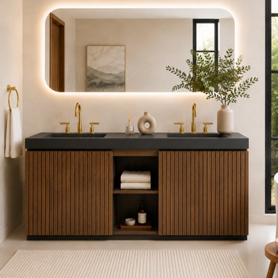 Meuble-lavabo double autoportant de 183 cm (72 po) avec lavabo monobloc, robinetterie à 3 trous, grand espace de rangement, robinetterie et bonde non incluses.