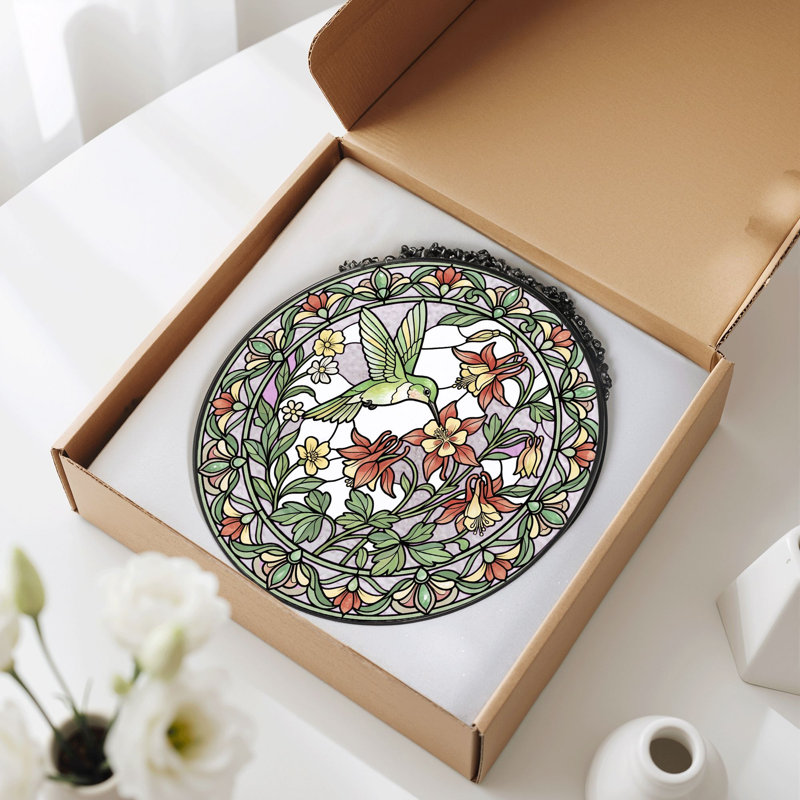 Hummingbird Floral Stained Glass Window Panel,12"H, 12"H