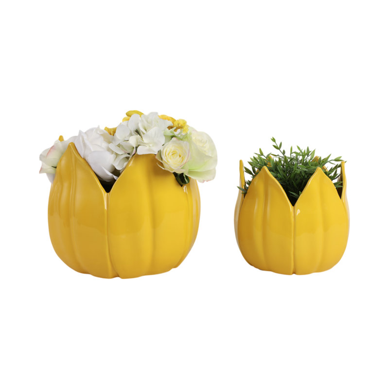 Sagebrook Home 2-Pieces Petal Planters, White, Yellow, 10" H x 12" W x 12" D