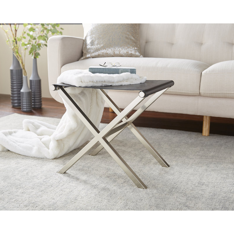 Caistor Faux Leather Ottoman, Brushed Nickel with Black Faux Leather
