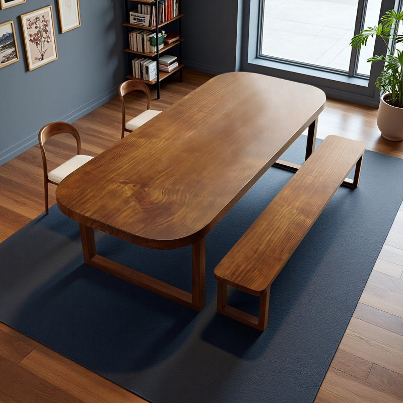 Rectangular solid wood breakroom table set, including a bench and two padded chairs, 29.53" H x 63" L x 27.56" W