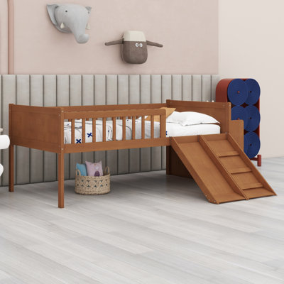 Kids Wooden Platform Bed with Slide, Ladder and Storage Shelves, Safety Guardrail, Easy Assembly