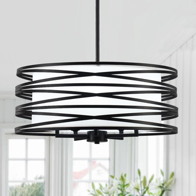 Lustre tambour Modern Farmhouse avec abat-jour blanc - luminaire suspendu 5 lumières pour salle à manger, îlot de cuisine, chambre à coucher, vestibule - hauteur réglable et plafond incliné compatible