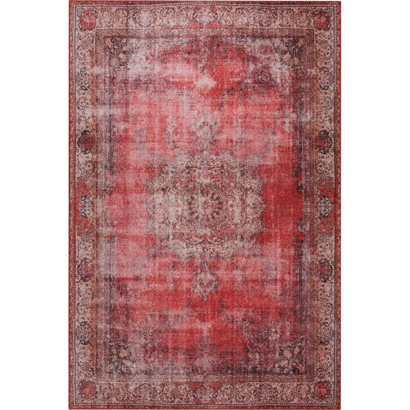 Tapis rouge à motif tissé rétro, Rectangle 3 pi 10 po x 5 pi 3 po