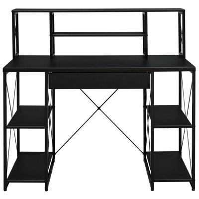 Contemporary White And Black Office Desk With Versatile Shelf Use Drawer In Practical Setup