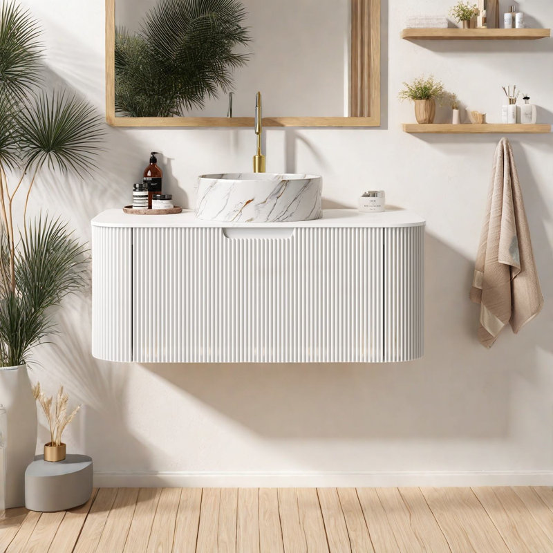 Meuble-lavabo moderne flottant avec lavabo, céramique blanche et pierre frittée