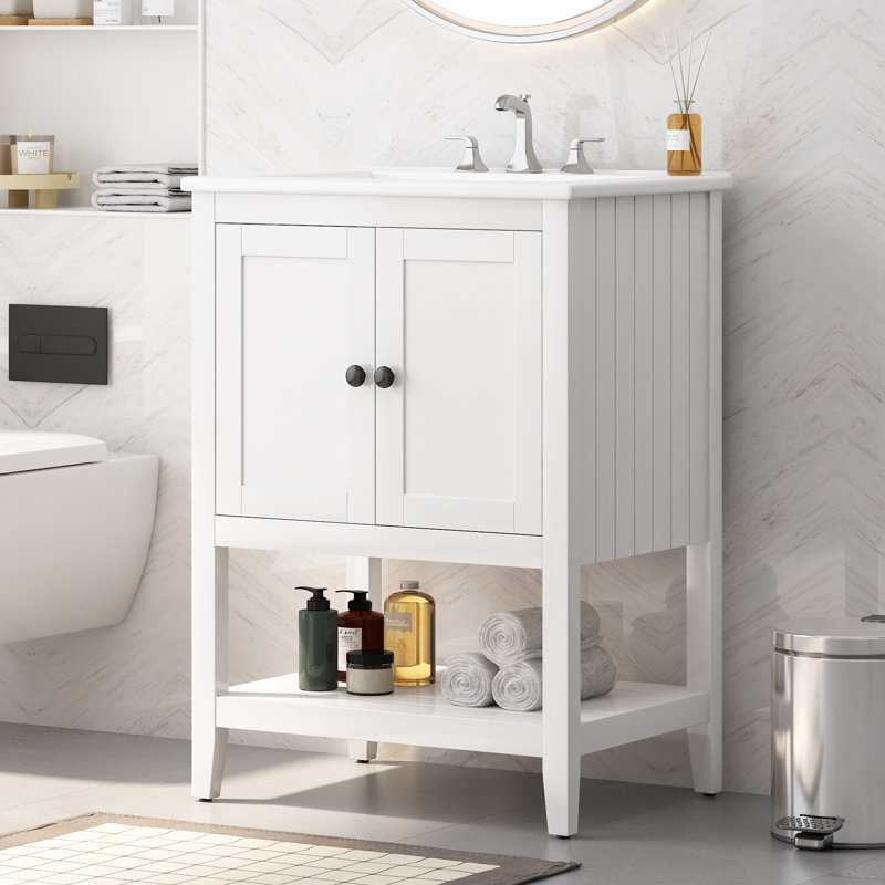Lavabo de salle de bain moderne élégant en céramique blanche 24 po avec tablette ouverte en bois massif