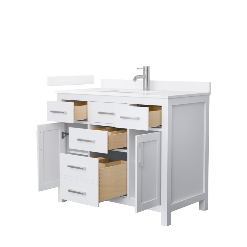 Beckett 42" Freestanding Single Bathroom Vanity with Quartz Top, Brushed Nickel, White, White Quartz