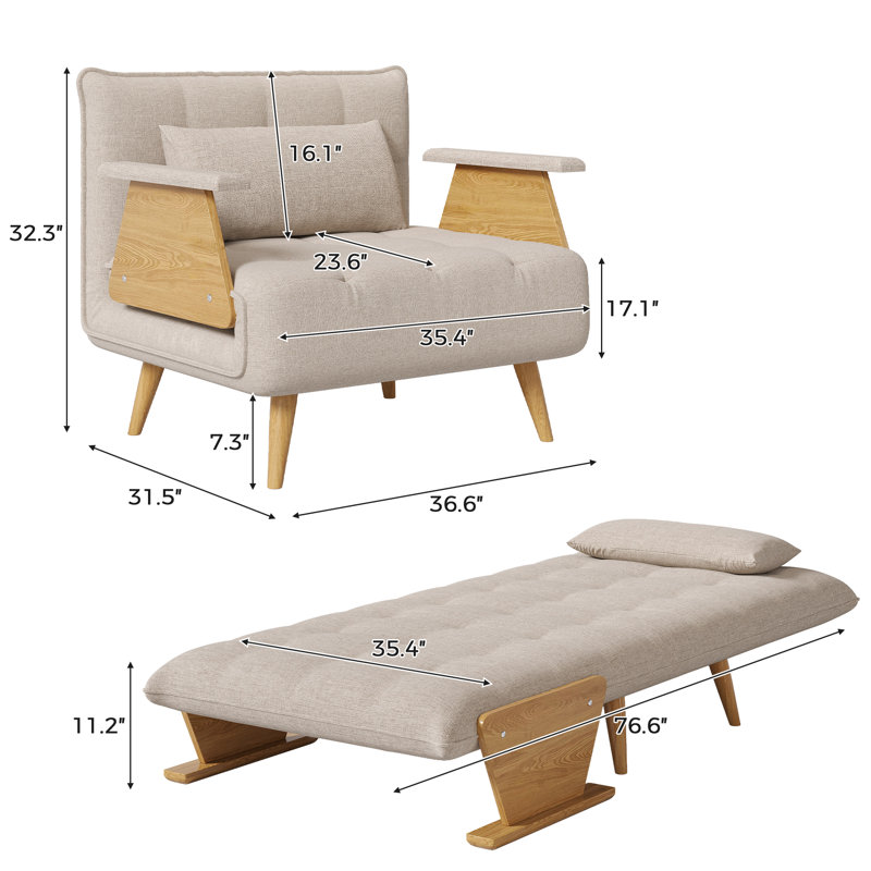 Canapé-lit rembourré convertible, chaise-lit réglable 3-en-1, H 32,3 po x l 36,6 po x P 31,5 po
