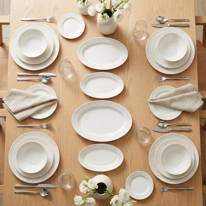 Linear Flow White and Platinum Porcelain Dinnerware Set (62-Piece Service for 12)