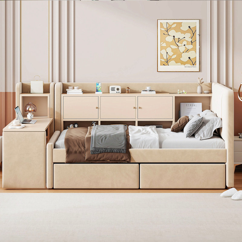 Lit de jour simple tapissier avec tiroirs, tablettes, armoires rabattables et table d'appoint, Beige