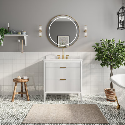 36'' Freestanding Single Sink Bathroom Vanity With 2 Handle Sets, Fluted Drawer Fronts, Engineered Marble Top & Solid Wood Construction – Fully Assembled
