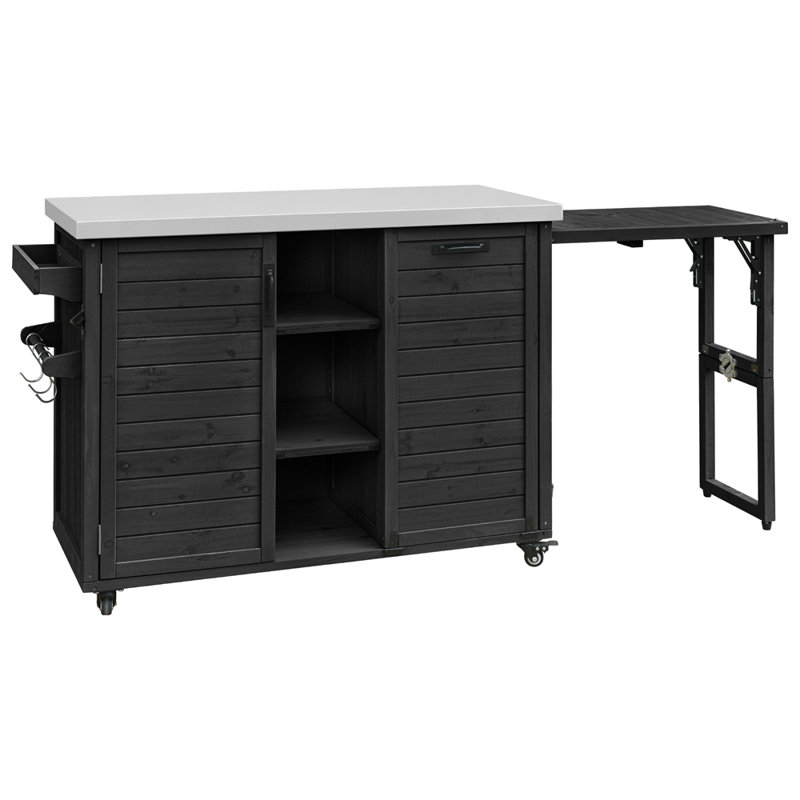 78.3" Outdoor Kitchen Island with Foldable Grill Table, Wooden Outdoor Grill Cart with Trash Can Storage & Stainless Steel Top, Outdoor Bar Cart, Pizza Oven Table for Lawn & Garden