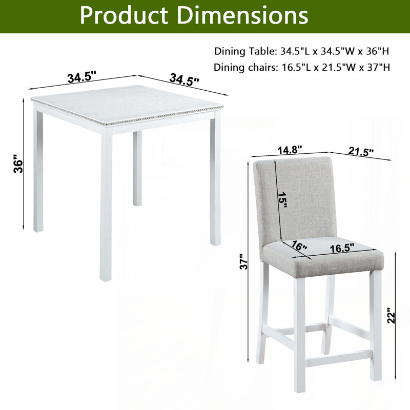 Ensemble de salle à manger Balachandran, Blanc, Lin gris / blanc, H 36 po x L 34,5 po x l 34,5 po