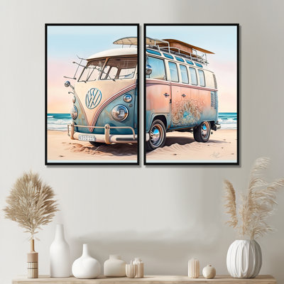 70s Surfing Van At The Beach II - Brown - décoration murale traditionnelle 2 pièces
