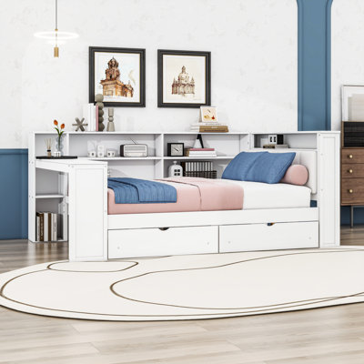 Upholstered Daybed with Built-in Shelves, LED Headboard,  Storage Drawers and Charging Station