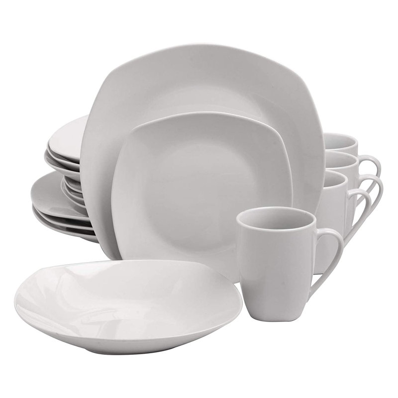 , SQUARE 16 PC Gibson Home Back To Basics White Porcelain Square 16-Piece Dinnerware Set