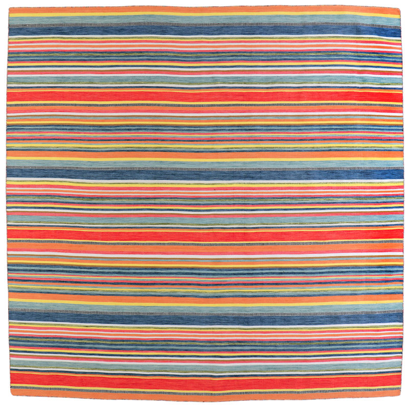 Tapis orange / bleu / jaune tissé à plat à la main Newsome, Carré 8 pi