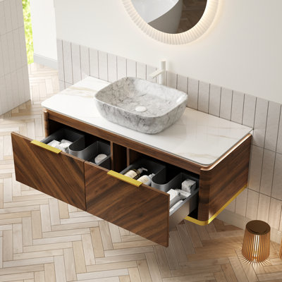 Meuble-lavabo de 48 po avec armoire de rangement en contreplaqué flottant, poignée de tiroir et capteur, plateau en pierre frittée en céramique à motif marbré, pré-assemblé, couleur noyer foncé avec lavabo blanc