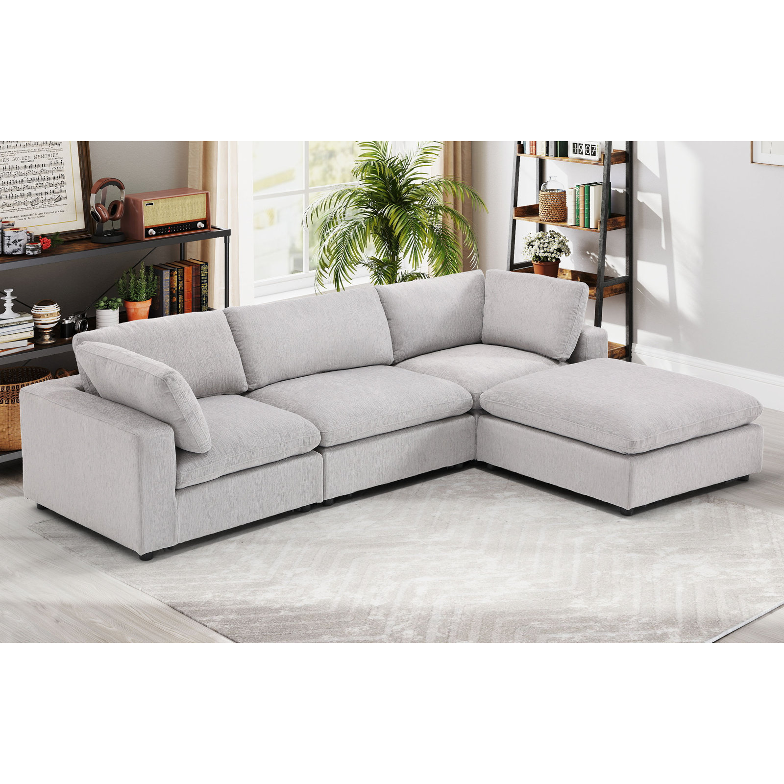 Nuccio 4-Piece Minimalist Modern Soft-Upholstered Sectional With Ottoman, Light Gray Chenille