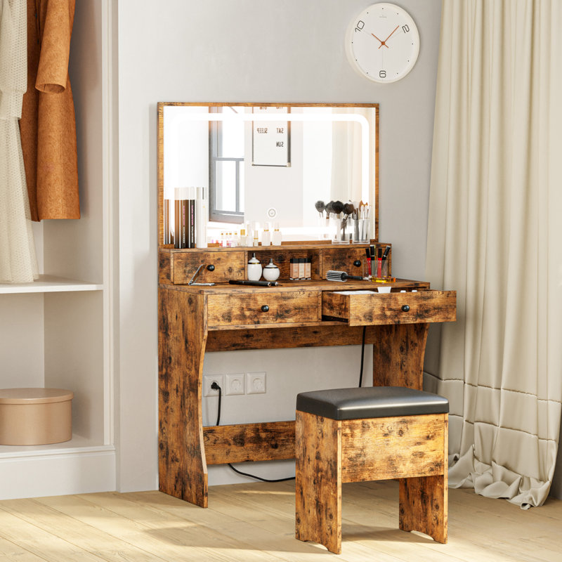 Baelyn Vanity Makeup Set, Vanities Desk with Drawer and Lighted Mirror, Vintage Brown