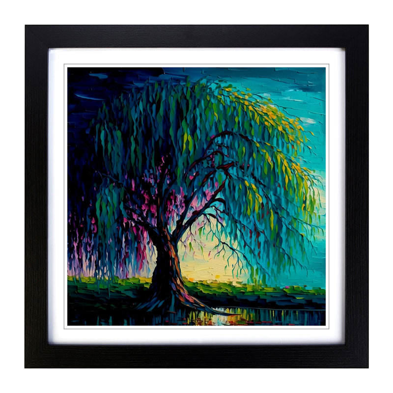 Weeping Willow Palette Knife Painting - Single Picture Frame Print on Wood, Black