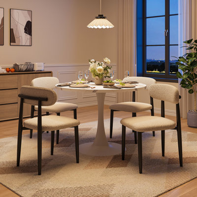 5 Pieces 35.4" Mid-Century Round Dining Table Set, Faux Marble Kitchen Dining Table Set for 4 with 4 Boucle Fabric Upholstered Dining Chairs