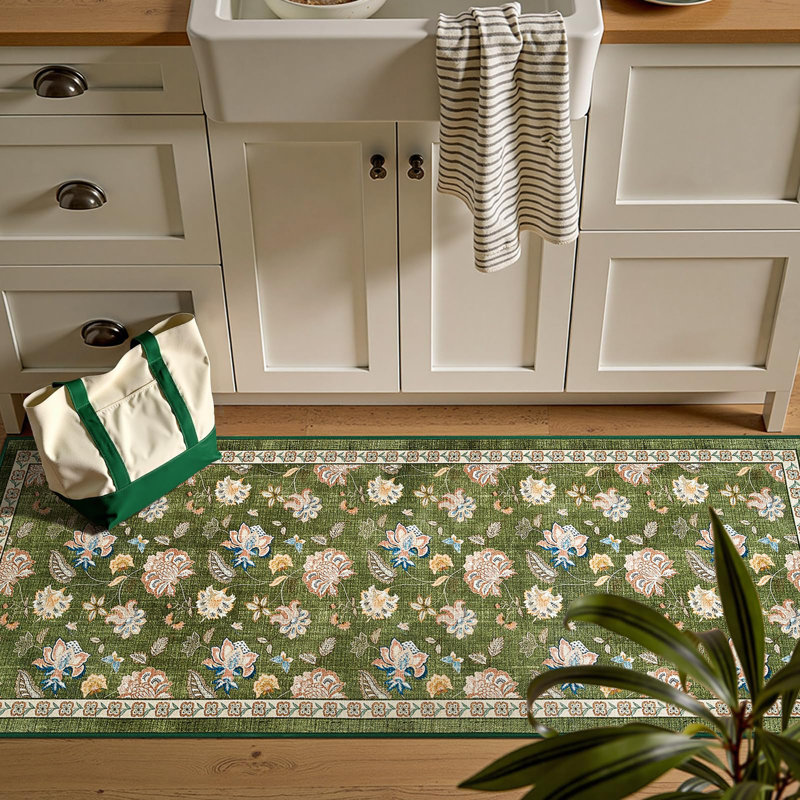 Chinoiserie Floral Rug Vintage Romance Design Washable Non-slip Green/Beige, Runner 2' x 5', Green/Beige