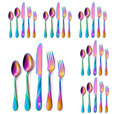 30-Piece Rainbow Stainless Steel Flatware Set For 6, Shiny Metal Cutlery, Dishwasher Safe
