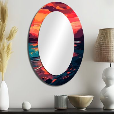 Sunset On The Beach Expressive Retro Colours I - Coastal Oval Decorative Mirror On Metal