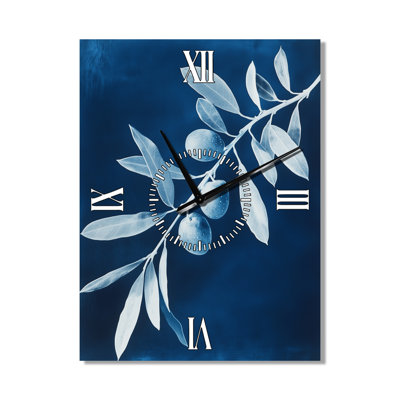 Horloge murale en métal Japandi « Rameau d'olivier bleu de Prusse II »