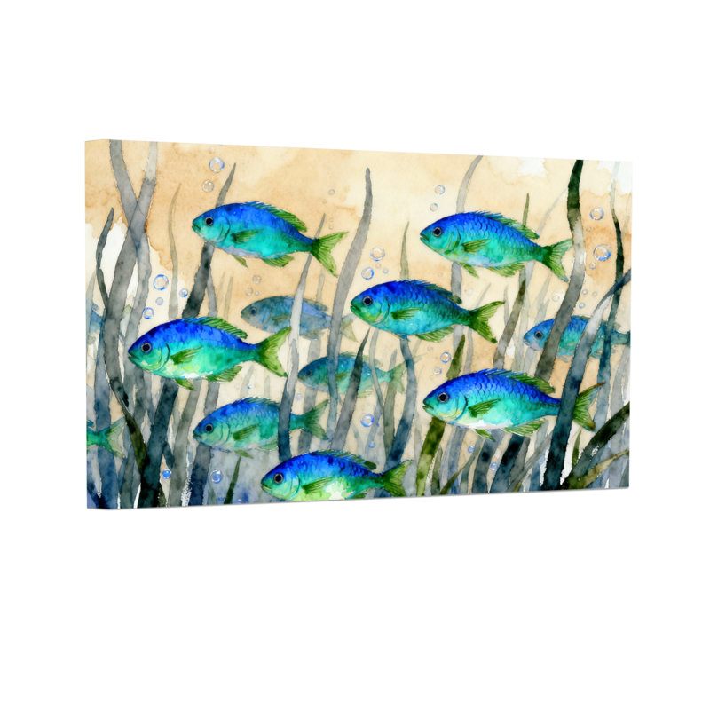 Animaux, poissons bleus, nageant parmi des bulles de ruppie maritime, H 16 po x l 24 po