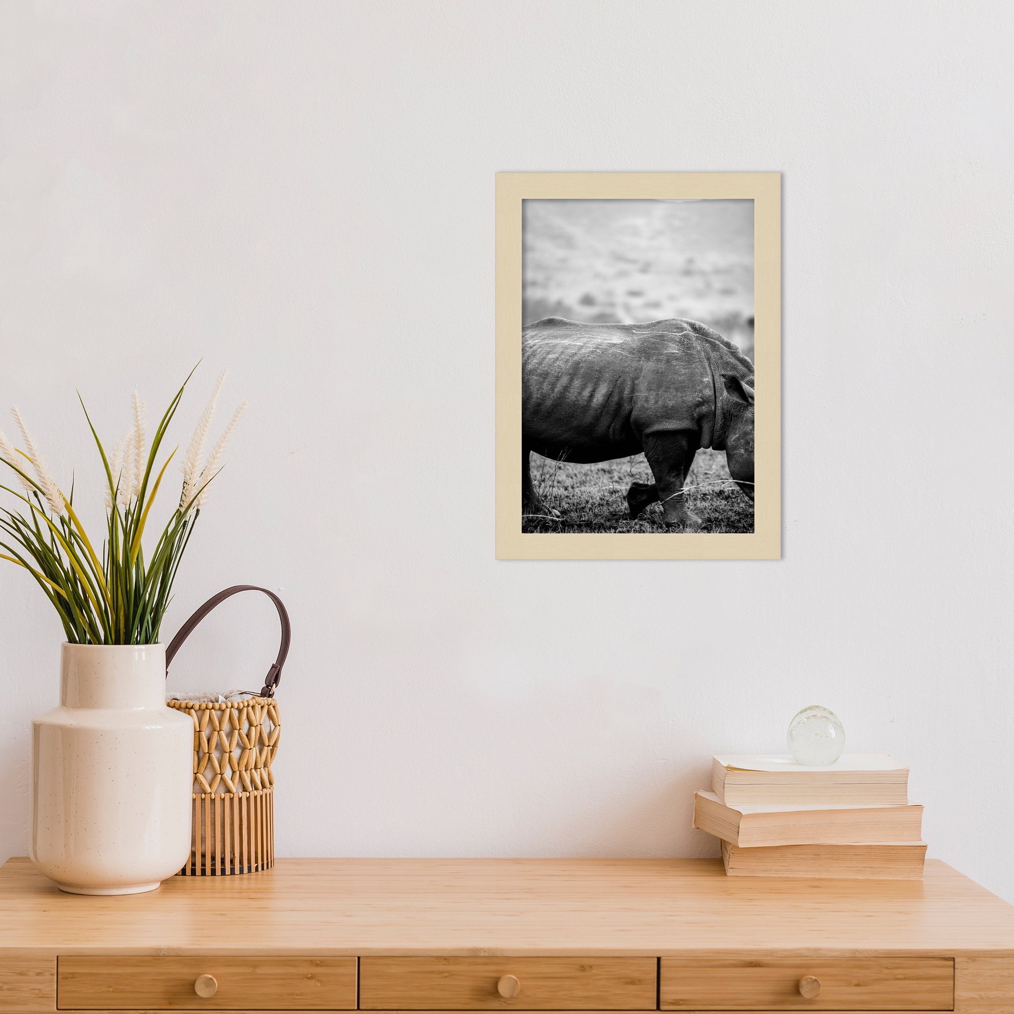 Black Rhino by Shot by Clint Wood Framed Wall Art Print, 13" H x 10" W, Brown