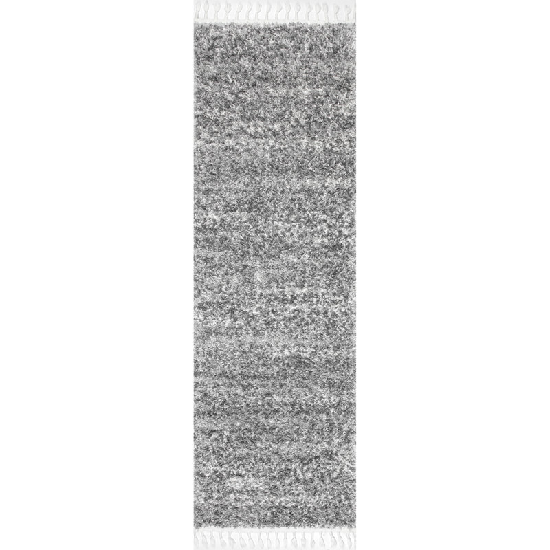 Tapis gris à poils longs tissé à la machine Kinard, Tapis de couloir 2 pi 6 po x 10 pi