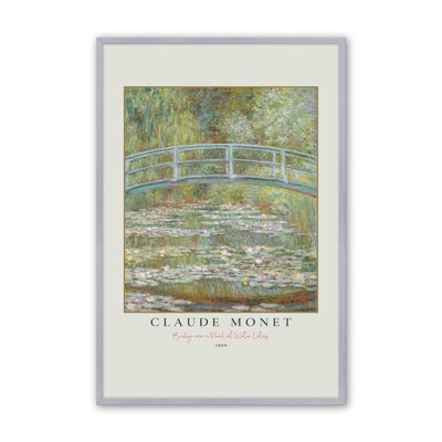 Pont sur un étang de nénuphars par Monet, reproduction dans un cadre argent poli