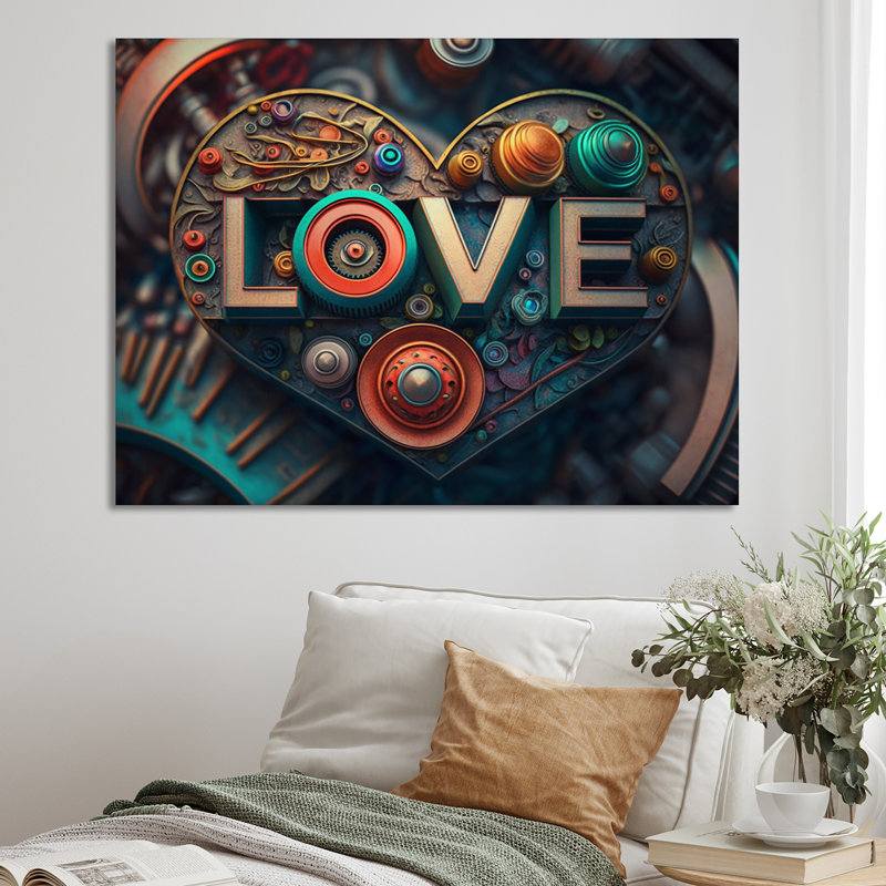Amour inconditionnel sur sarcelle rétro - impression, H 24 po x l 32 po x P 1 po, Toile tendue