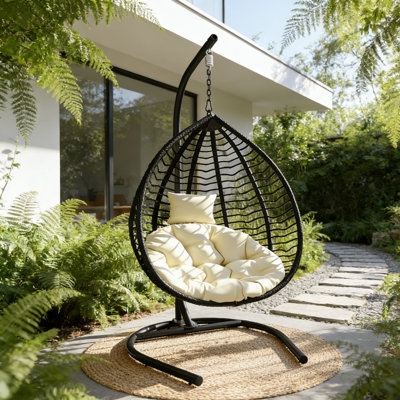 Modern Wicker Hanging Egg Chair With Stand And Cushion, Oversized Patio Swing Chair For Balcony, Garden, And Outdoor Lounge