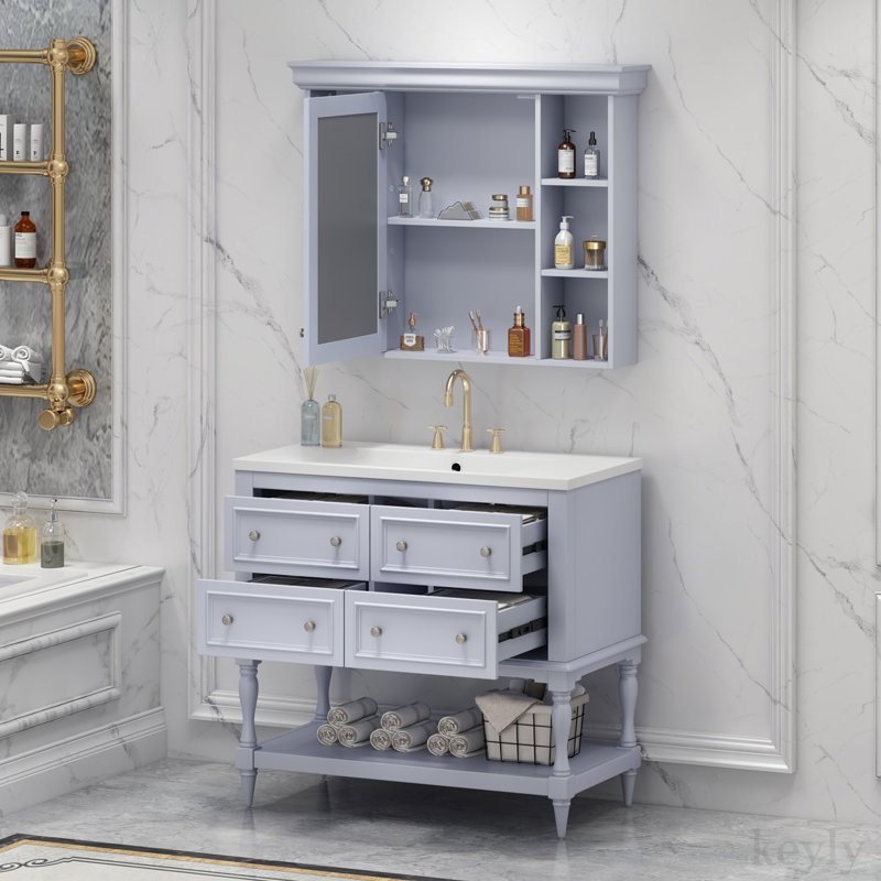Meuble-lavabo simple 36 po avec plateau en résine et miroir Dredyn, Bleu
