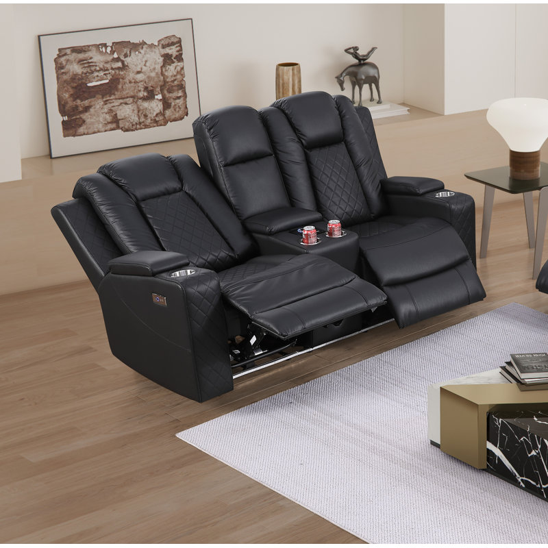 Tayeba Power Leather Recliner Loveseat Sofa With Storage Consol & Bluetooth Speakers & Led Lights, Black