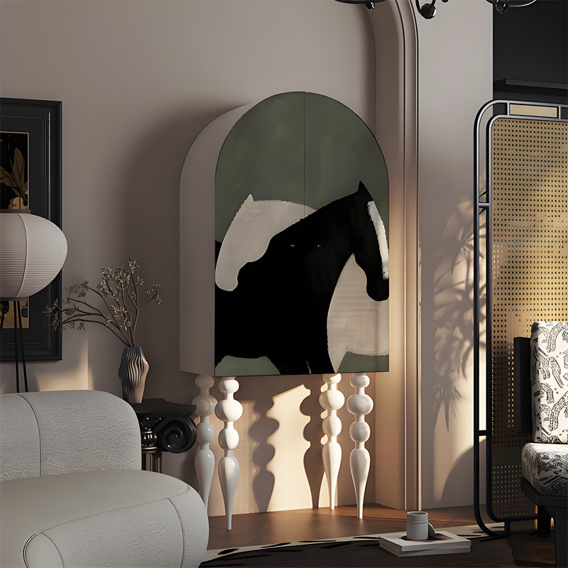 Armoire de rangement en bois massif avec motif de cheval, Ivoire blanc