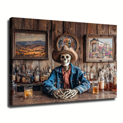 Skeleton Cowboy At Old Western Saloon Bar, Large Gallery Wrapped Canvas Wall Art Print For Living Room Bedroom