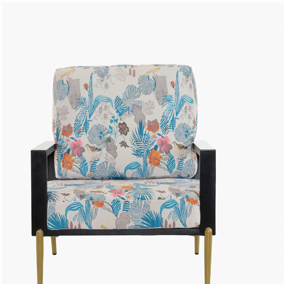 Fauteuil rétro en velours floral à dossier bas, pieds en métal doré et structure en bois d'hévéa, spacieuse chaise moderne de style Mid-Century, fauteuil rembourré, convient au salon et au balcon, fleurs bleues