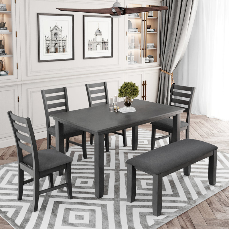Dining Room Table and Chairs with Bench, Rustic Wood Dining Set, Set of 6, Gray, Gray