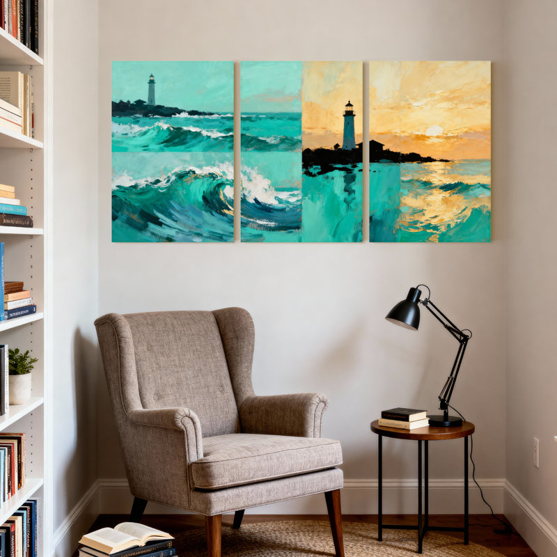 Nautique et plage, océan, vagues, phare, coucher de soleil, ciel, réflexions, ensemble de 3 impressions sur toile