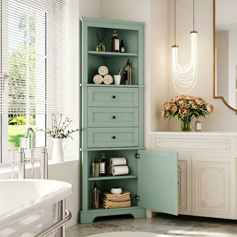 Armoire haute triangulaire avec 3 tiroirs et tablettes réglables, Vert