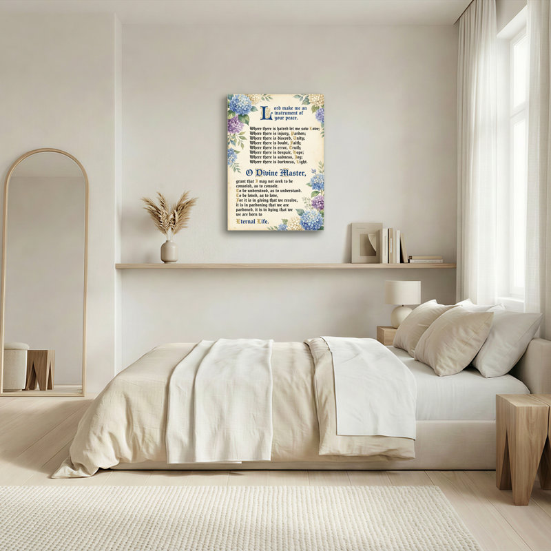 Tableau mural sur toile tendue avec verset de prière florale, orné de fleurs bleues et violettes et d'un texte inspirant, pour la décoration intérieure et les espaces religieux.