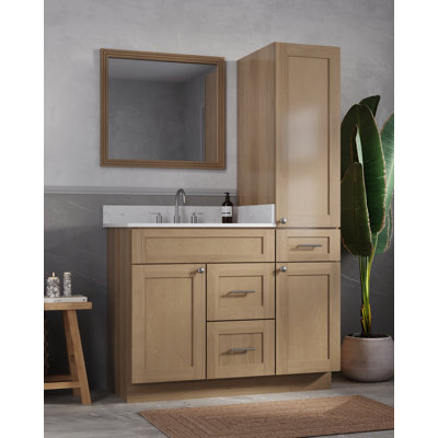 46" Freestanding Single Bathroom Vanity with Right Tall Linen Cabinet, Carrara Quartz Top, 3 Drawers
