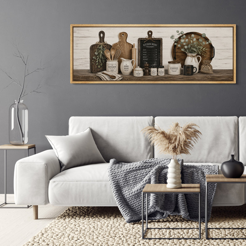 «Rustic Kitchen Still Life with Planche à découper et arrangement de café», reproduction d'art sur toile encadrée, Natural